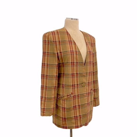 Plaid Linen Blazer By Prolog Vintage - Picture 7 of 8